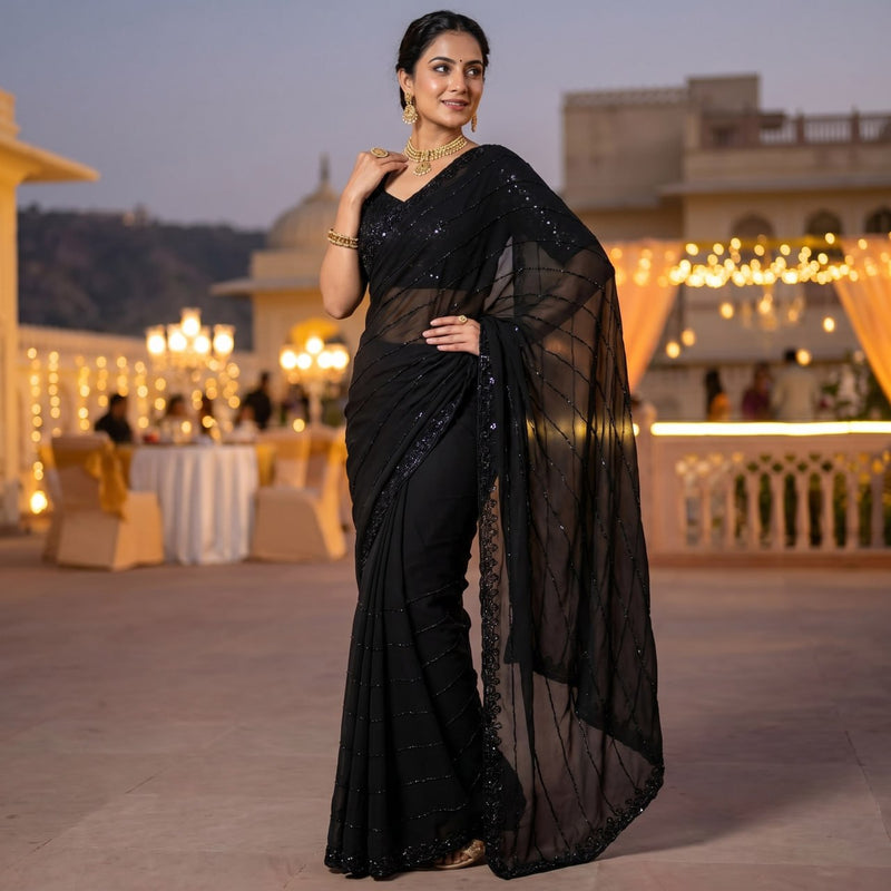 Prushti – Pure Fox Georgette Black Beads Work Designer Saree with Heavy Fancy Blouse