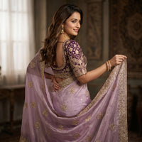 Chandrika Designer Satin Saree with Heavy Embroidery & Stitched Blouse (6 Colors)