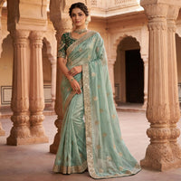Chandrika Designer Satin Saree with Heavy Embroidery & Stitched Blouse (6 Colors)