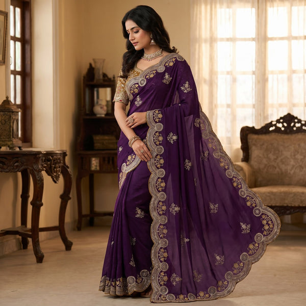 Ritika Designer Fendy Satin Saree with Heavy Embroidery & Fully Stitched Blouse (6 Colors)