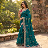 Ritika Designer Fendy Satin Saree with Heavy Embroidery & Fully Stitched Blouse (6 Colors)
