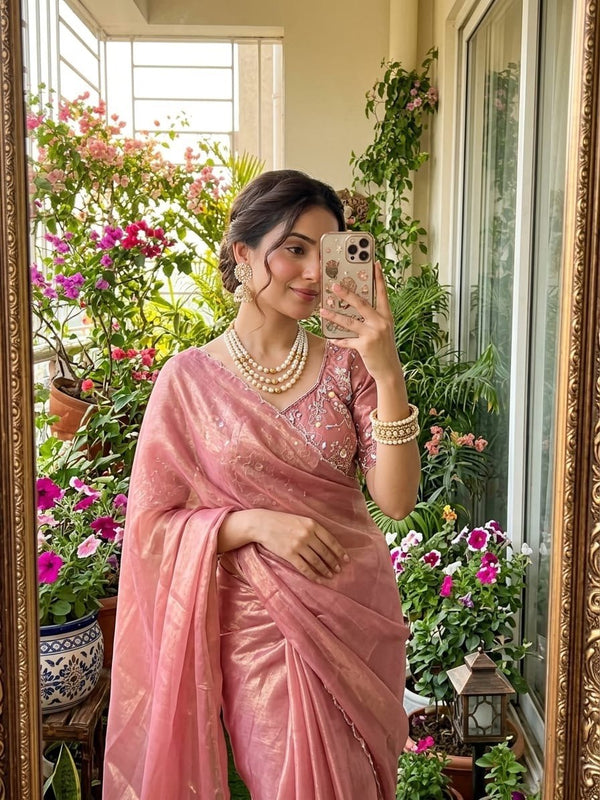 VAHINA Premium Fendy Chiffon Embroidered Saree with Sequins & Cutdana Work