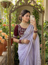 VAHINA Premium Fendy Chiffon Embroidered Saree with Sequins & Cutdana Work